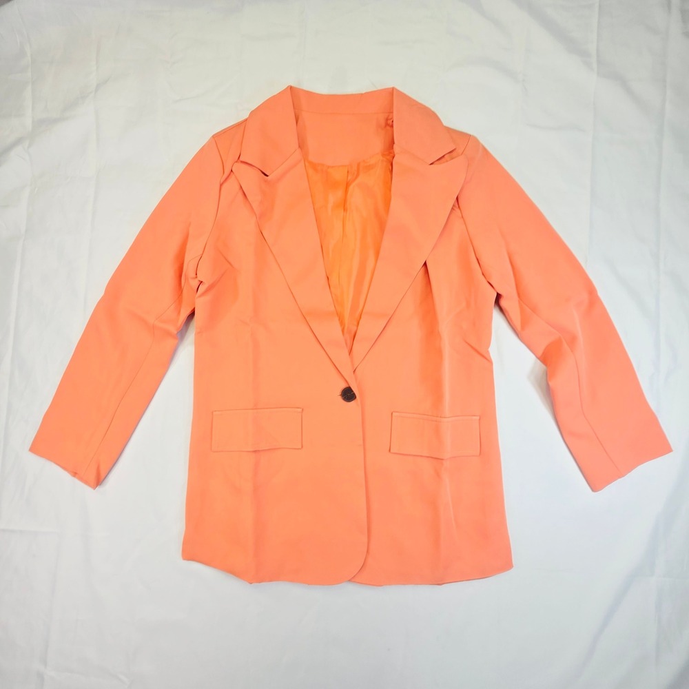 Women's Single Button Blazer Orange Coral Size Medium Notched Lapel Pocket New
